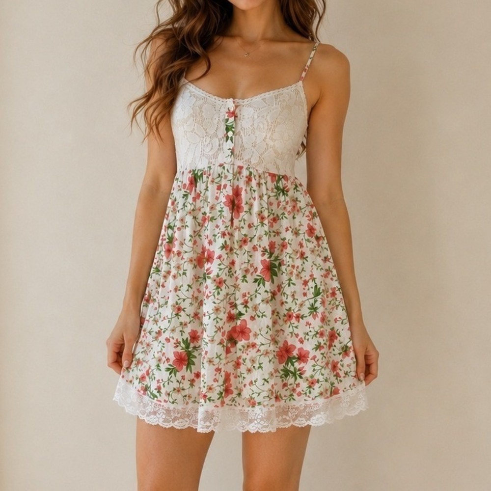 Vintage Y2K Victoria's Secret Floral Lace Babydoll Mini Dress Cottagecore XS